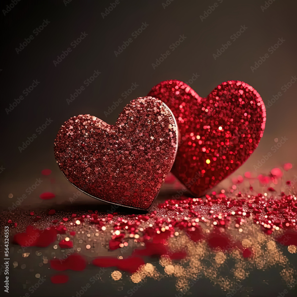 red pink hearts with light glowing blurred glitter. Romantic Valentine's Day Background. bokeh effect.  The 14th of February. 