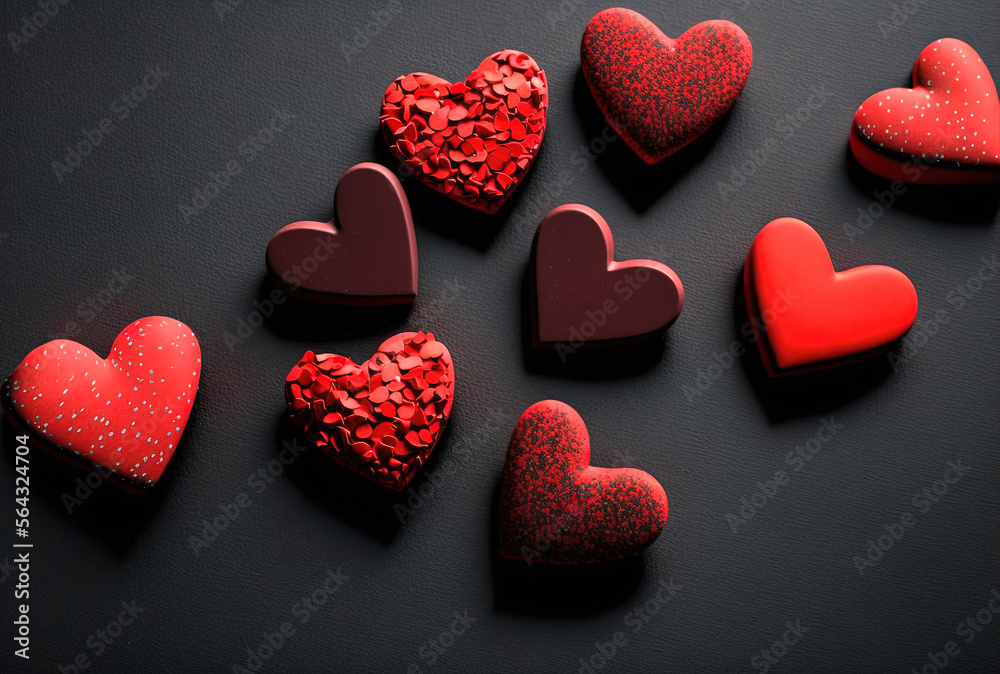 Fototapeta premium Composition of cute volumetric red hearts models on black background, 3d, great for Valentine's Day, wedding, Mother's Day - textiles, banners, wallpaper, background, love symbol. generative art