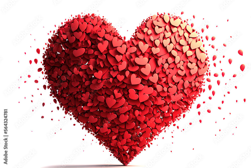 Large volumetric red heart from particles isolated on white background, 3d, great for Valentine's Day, wedding, Mother's Day - textiles, banners, wallpaper, background, love symbol.
