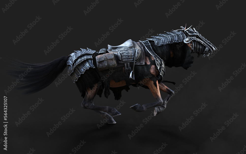 3d Illustration of A creepy armored dark horse pose on black background with clipping path. 3d Illustration of A creepy armored dark horse pose on black background with clipping path.