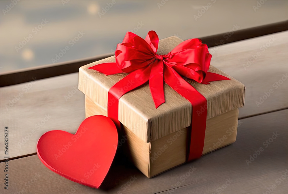 romantic composition from a cardboard box with a gift with a red ribbon and a red heart, on a wooden table, in an authentic rustic style, for valentine's day, february 14, a symbol of love, mockup. Ge romantic composition from a cardboard box with a gift with a red ribbon and a red heart, on a wooden table, in an authentic rustic style, for valentine's day, february 14, a symbol of love, mockup. Ge