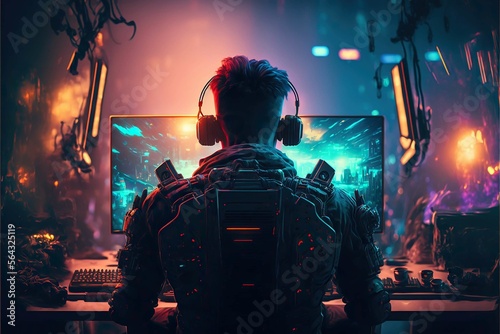 Futuristic Professional E-Sports gamer playing online games computer with headphones,cyberpunk game room background ,Generative AI
