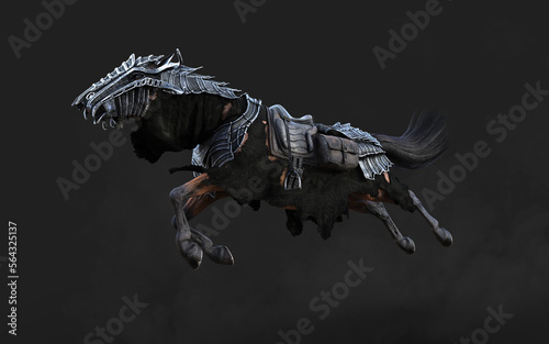 3d Illustration of A creepy armored dark horse pose on black background with clipping path.