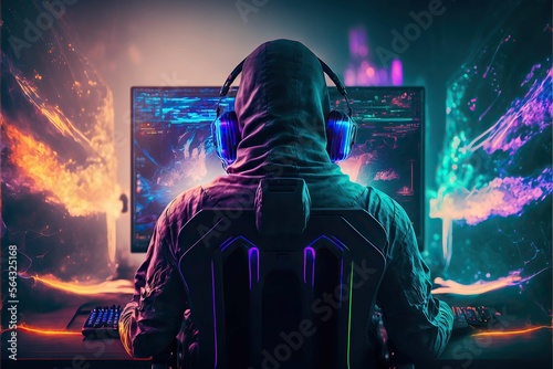 Futuristic Professional E-Sports gamer playing online games computer with headphones,cyberpunk game room background ,Generative AI
 photo