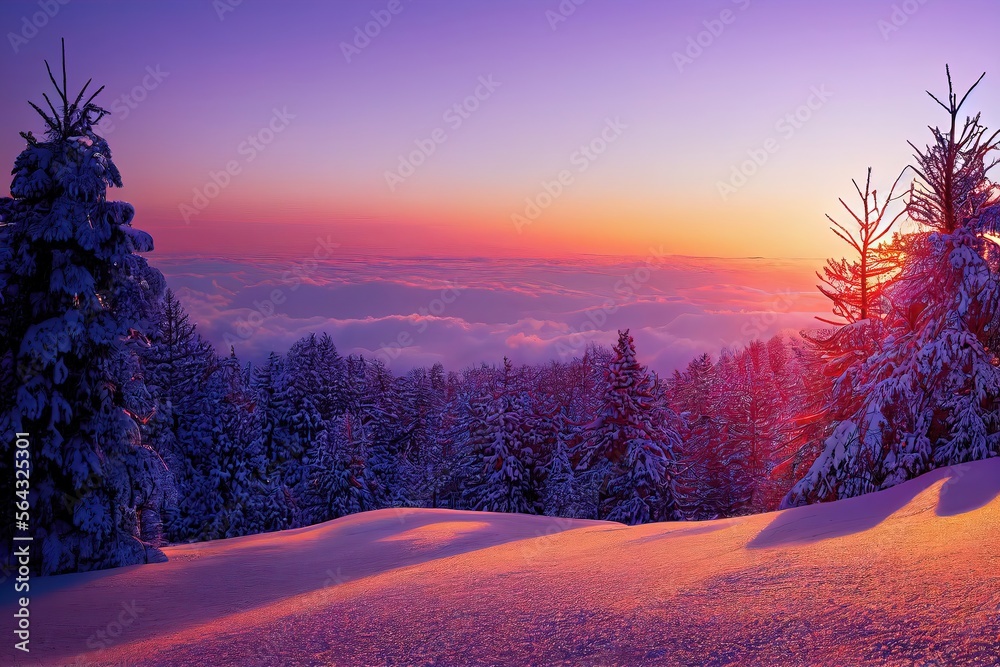 Sunset in winter in forest. Genarative AI