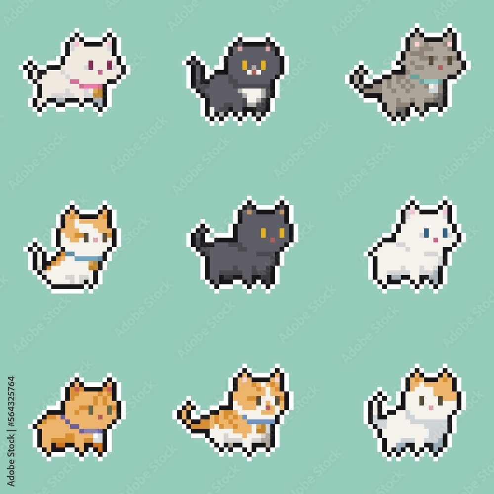 Pixel art 8 bit Cute Cats Kittens white orange black set domestic pet sticker stock illustration Pixel art 8 bit Cute Cats Kittens white orange black set domestic pet sticker stock illustration