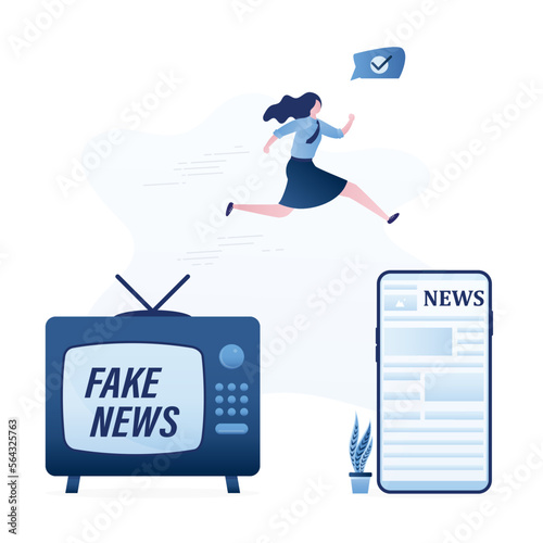Old tv set with fake news. Smart woman jumps from vintage tv to modern smartphone with verified news in instant messengers and social networks. Different sources of information