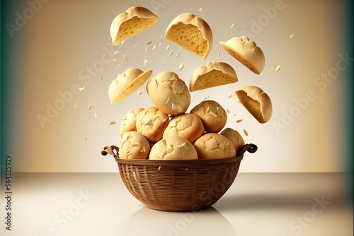 pão de queijo, or cheese buns in english falling on a basket. traditional brazilian food photo