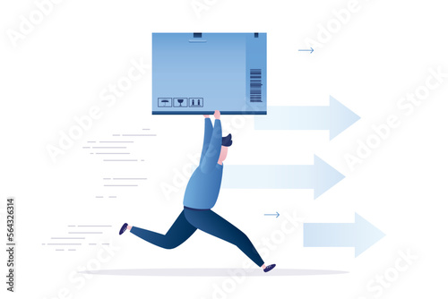 Male courier runs fast with large cardboard box. Deliveryman carries parcel. Fast delivery, internet commerce. Free delivery service of goods from online store.