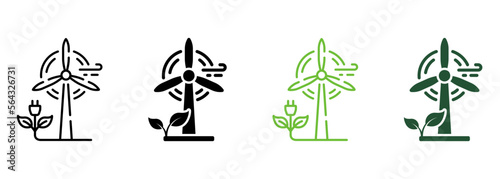 Ecology Windmill Line and Silhouette Icon Color Set. Eco Renewable Green Energy Pictogram. Wind Mill Farm Electric Power Symbol Collection on White Background. Isolated Vector Illustration
