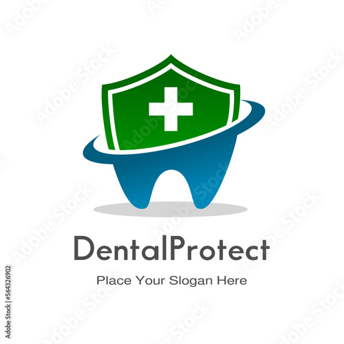 Dental protection vector logo template. Tooth with shield symbol. Suitable for guard, hospital, clinic and medical.