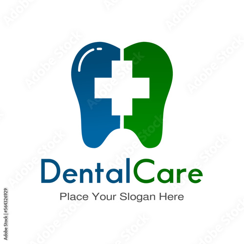 Dental vector logo template with blue and green color. This tooth use cross symbol and suitable for medical business.