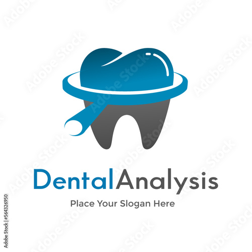 Dental analysis vector logo template. Tooth with magnifying glass symbol. Suitable for medical business.