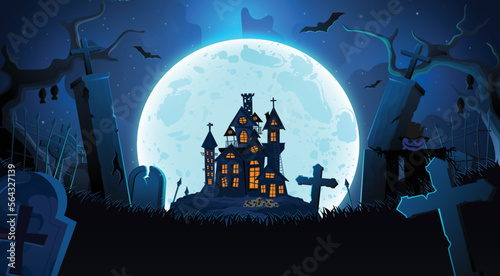 vector haunted house and Horror moon night