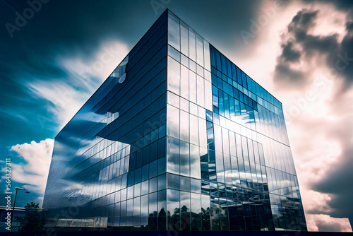 Glass building under blue sky and white clouds.  Generative AI.