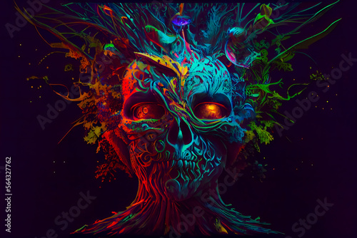 Horror Poster. Mystical head. psychedelic monster. Generative AI.
