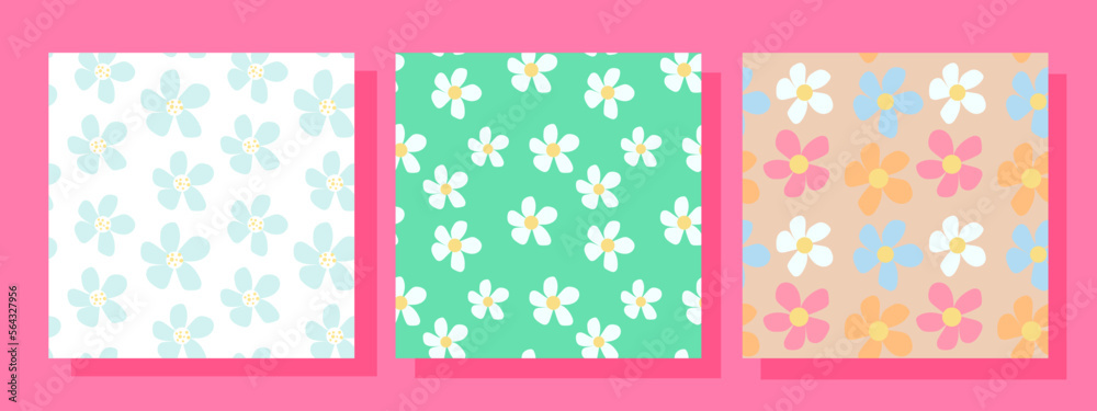 Set of three abstract square seamless patterns with vintage groovy daisy flowers. Retro floral vector background surface design