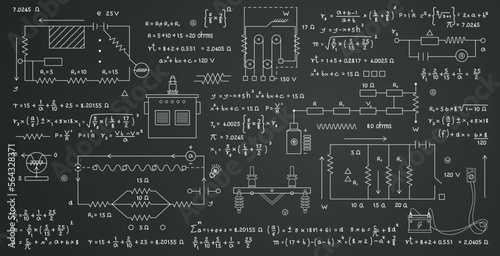 Scientific formulas for calculating electricity and circuits written on a blackboard.