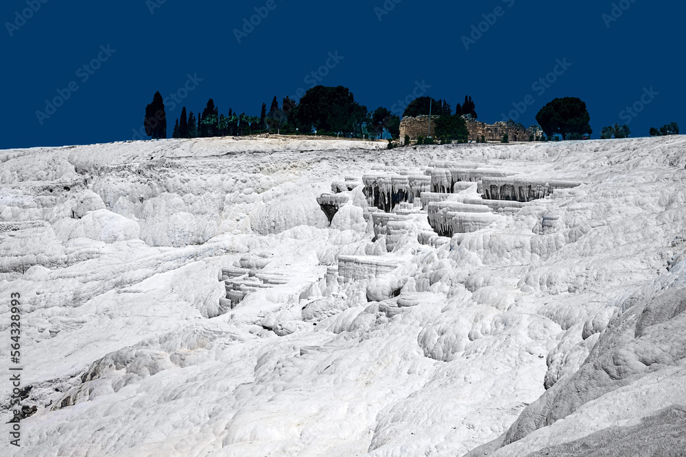 View of natural travertine pools and terraces in Pamukkale. Cotton castle in southwestern Turkey