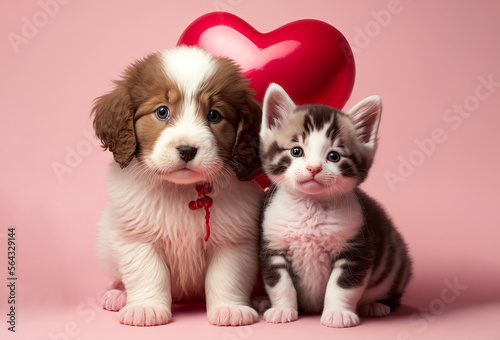 Cute puppy dog and kitten with a love heart balloon. Valentines day concept. Generative ai