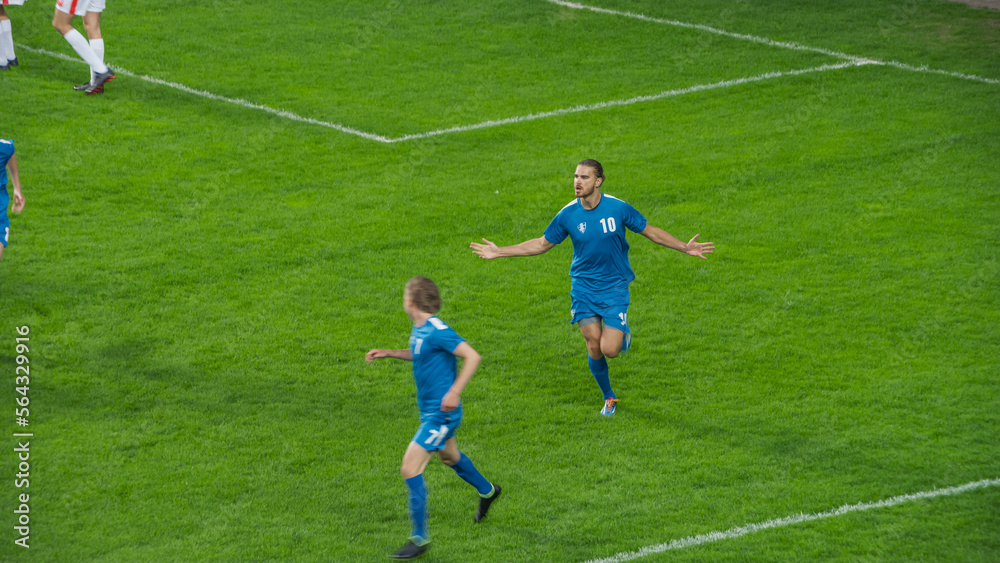 Obraz premium Championship Match: Blue Soccer Football Team Attack, Player Run Happy after Scoring Goal, Celebrate Victory, Cheering with Teammates on Field. Sport Channel Broadcast Television Concept.