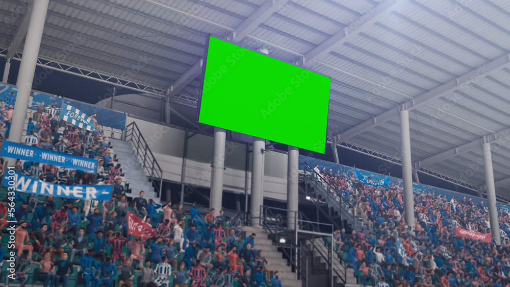 Stadium Championship Match: Scoreboard Green Chroma Key Screen. Crowd of Fans Cheering, Having Fun. Sports Channel Television Advertising Mock-Up. Content for Digital Devices Display Concept.