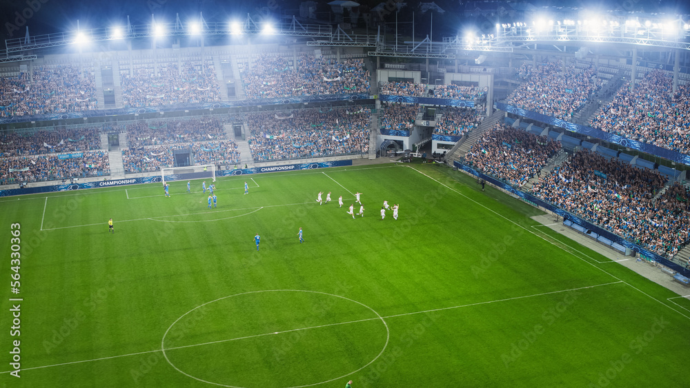 Aerial Establishing Shot of a Whole Stadium with Soccer Championship Match. Teams Play and Crowd of Fans Cheer. Football Tournament, Cup Broadcast. Sports Channel Television, Screen Content Concept.
