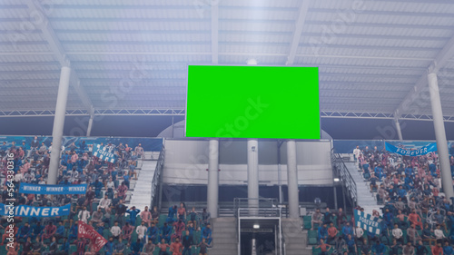 Stadium Championship Match: Scoreboard Green Chroma Key Screen. Crowd of Fans Cheering, Having Fun. Sports Channel Television Advertising Mock-Up. Content for Digital Devices Displays Concept. photo