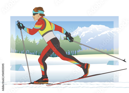 cross country skier male in competitive race with winter scene in background
