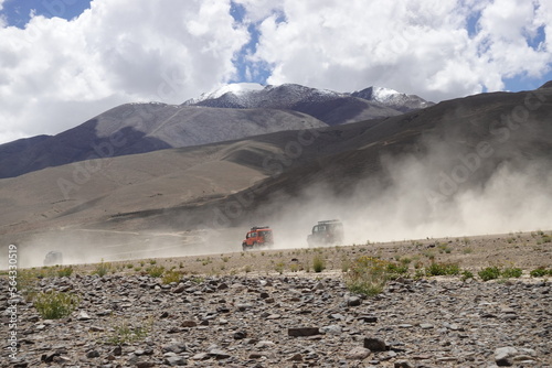 Ladakh, India - August 24th, 2022: SUV Car in Mountais, Road trip in Ladakh, Vehicle in Mountains
