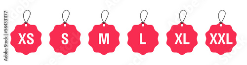 Clothing size labels set. XS, S, M, L, XL, XXL tags. Vector illustration