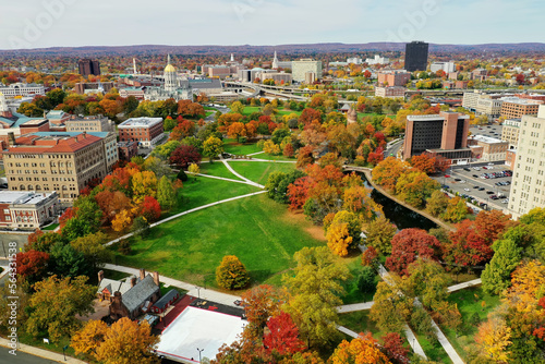 Aerial view of Hartford, Connecticut, United States in fall