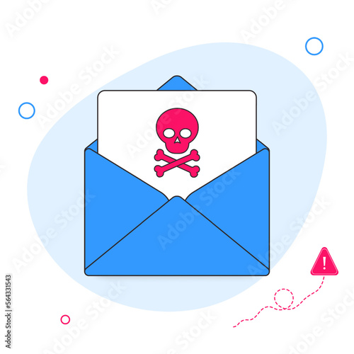 Envelope with document and skull icon. Virus, malware, email fraud, e-mail spam, phishing scam, hacker attack concept. Vector flat illustration