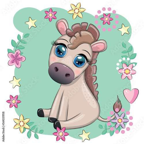 Cute donkey in flowers  with balloons  spring theme. Postcard for the holiday.