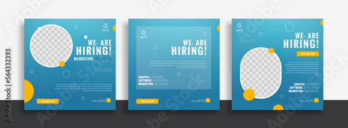 We are hiring job vacancy social media post banner design template with blue and yellow color. We are hiring job vacancy square web banner design.