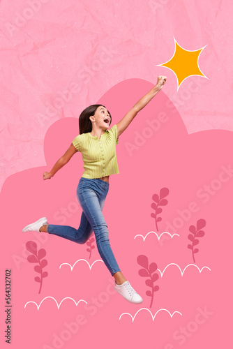 Vertical photo artwork collage of youngster preteen age girl jumping trampoline trying catch ambition bright star isolated on pink painted background