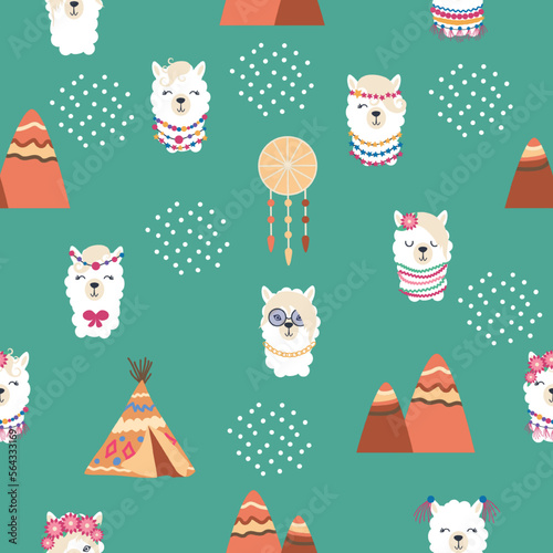 Seamless pattern with llama, alpaca faces. Cute drawings of llama head with hearts, inscription, mountains, cacti, star, dreamcatcher