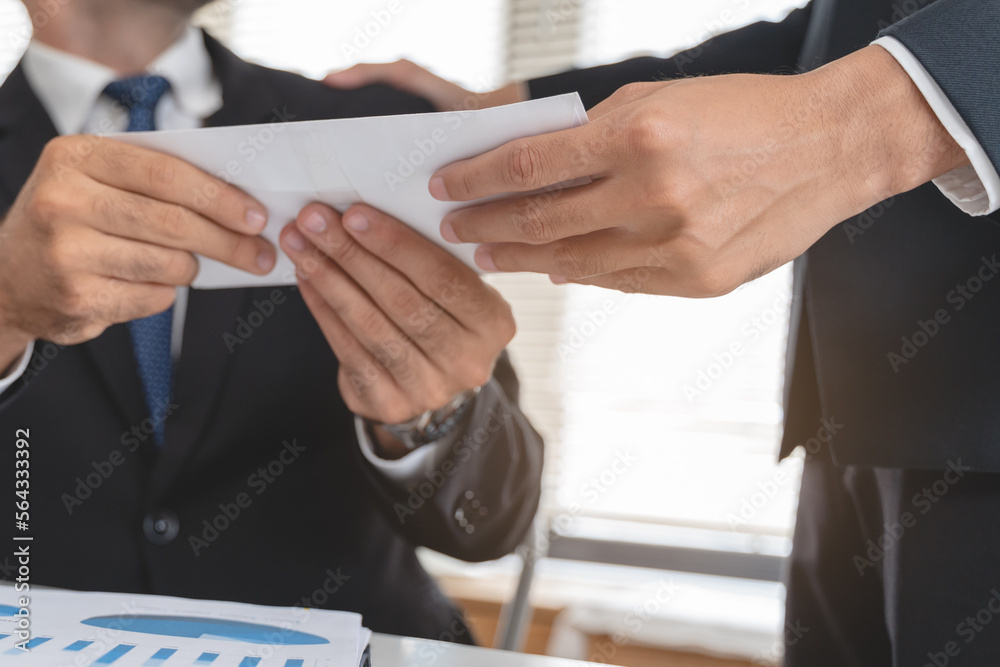 Obraz premium Close up view of office worker receiving salary from boss.