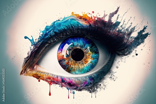 Human eye isolated with colorful paint, ink drips and splashes