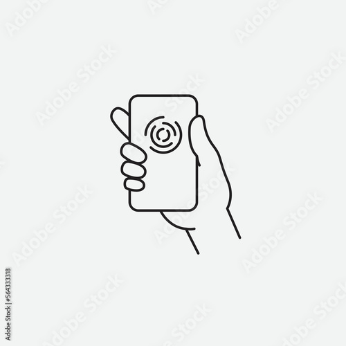 Hand holding smartphone and payment transaction by phone. Vector icon.