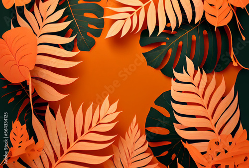 Collection of tropical leaves,foliage plant in orange color with empty space background. Abstract leaf decoration design. Cover template. Exotic Nature. Generating Ai.