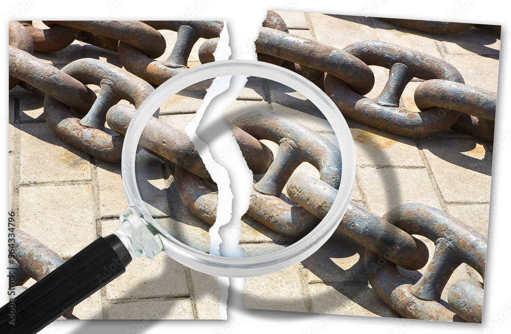 Look for the reasons for relationship break-ups - breaking the chains - Focus concept with a ripped photo of an old rusty metal chain seen through a magnifying glass Look for the reasons for relationship break-ups - breaking the chains - Focus concept with a ripped photo of an old rusty metal chain seen through a magnifying glass