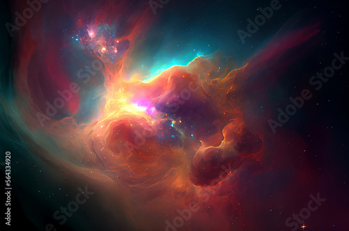 Glowing huge nebula with young stars. Space background  3d illustration. Generating Ai.