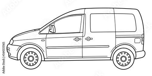 Classic compact van car. Side view shot. Outline doodle vector illustration