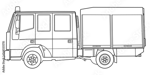 Fire Rescue Truck on white background. Cartoon outline vector doodle illustration. Side view