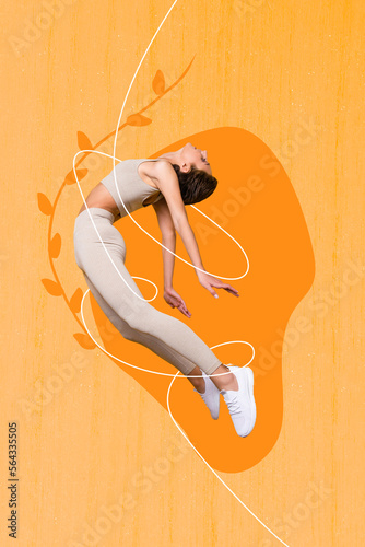 Creative abstract template graphics collage image of carefree charming lady jumping high isolated drawing background
