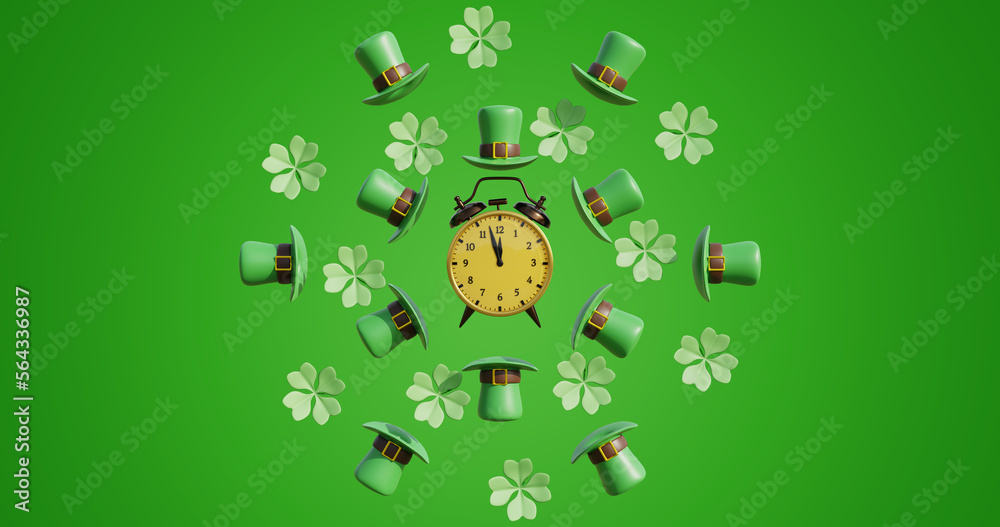 Patrick day. Alarm clock surrounded by a four leaf clover and a leprechaun hat on a green background. 3d rendering