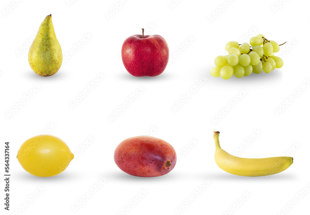 Owoce zestaw owocowy set jabłko rubin, winogrona, banan, mango, cytryna, gruszka wyizolowane - obrazy, fototapety, plakaty 