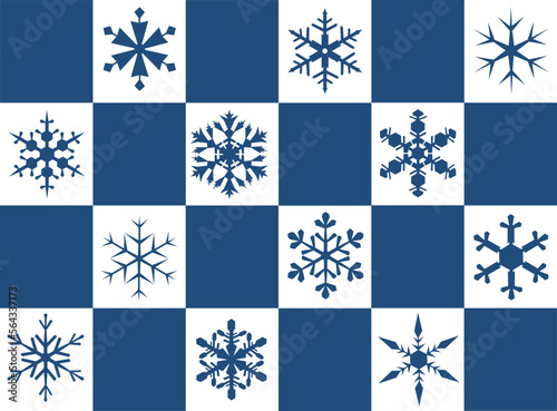 Set of copyright six-pointed blue snowflakes on a white background. Winter holidays decoration. Vector image of a Christmas symbol.