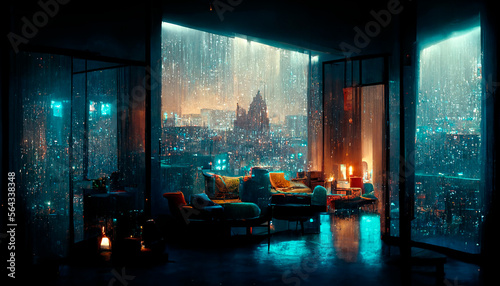 Cozy cyberpunk style futuristic interior  room with amazing view on the city. AI